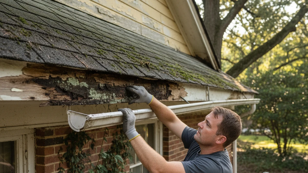 Fascia rot assessment before gutter repair Florence Alabama Lauderdale County soft wood moisture damage older Shoals home