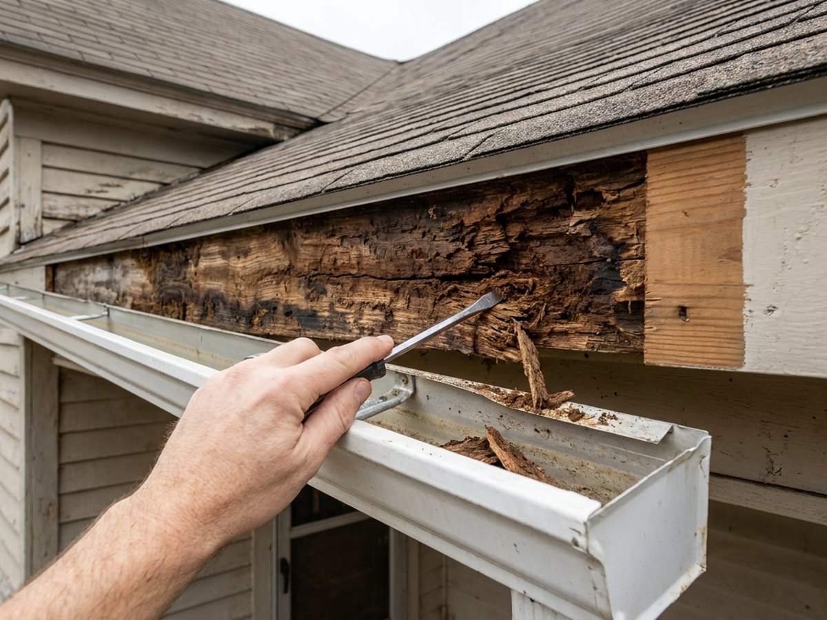 Fascia board rot damage behind gutter in Florence Alabama Lauderdale County 55 inch rainfall moisture sustained overflow Shoals