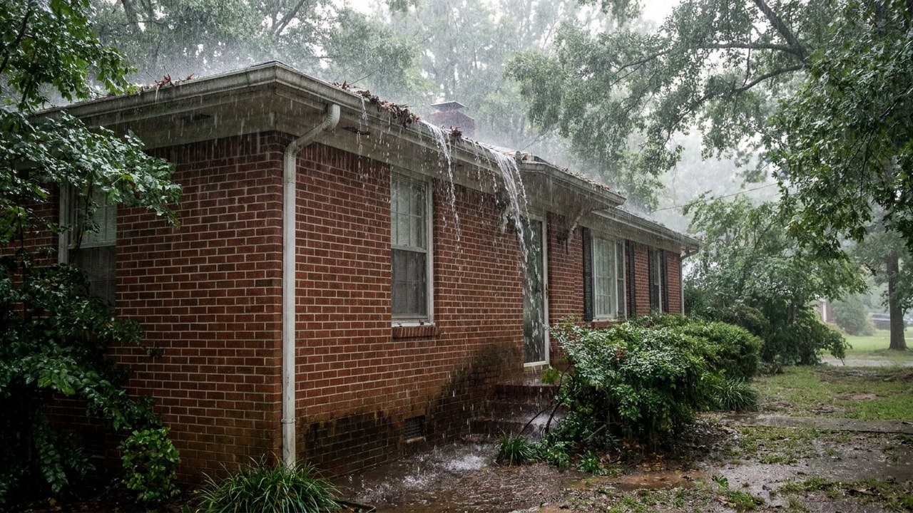 Gutter overflow during heavy rain in Florence Alabama Lauderdale County foundation water damage 55 inch rainfall Shoals