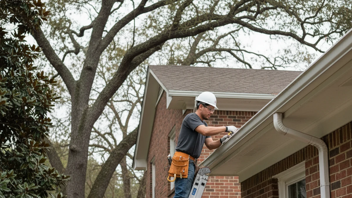 Gutter repair specialist inspecting seam on older residential home Florence Alabama Lauderdale County Shoals area Chris