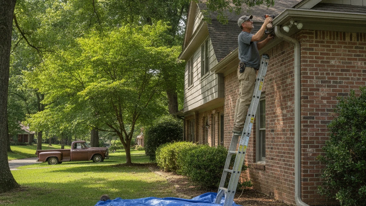Sagging gutter re-pitch hardware repair Florence Alabama Lauderdale County Shoals area residential aluminum gutter